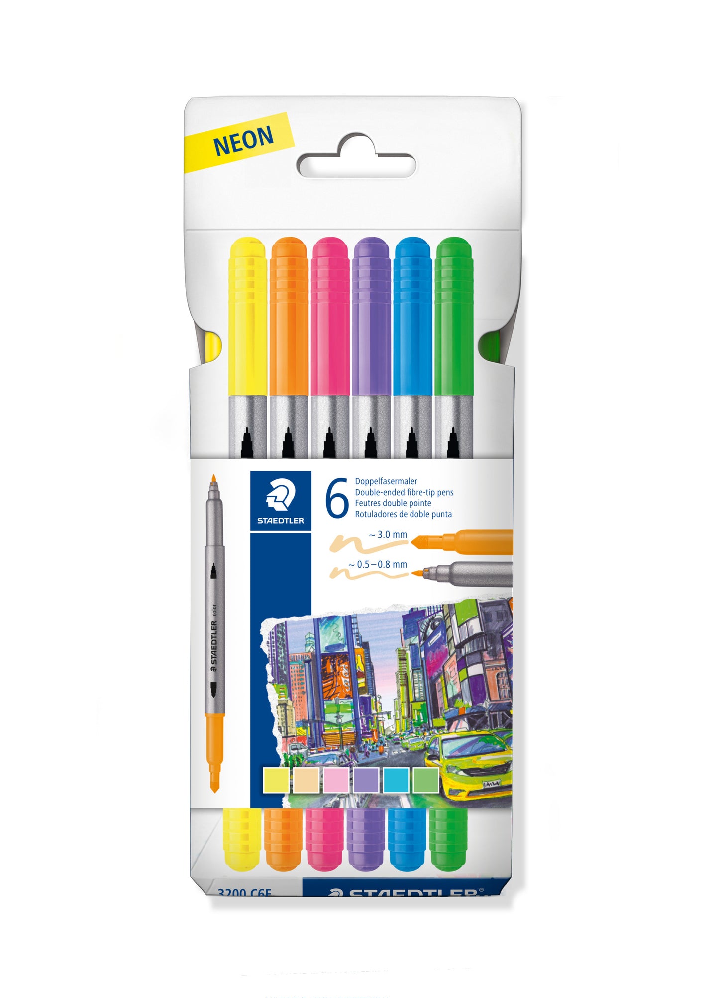 Double-ended fibre-tip-pens neon 6 colors