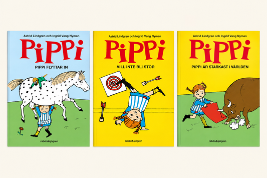 De tre böckerna i Pippi-paketet bredvid varandra