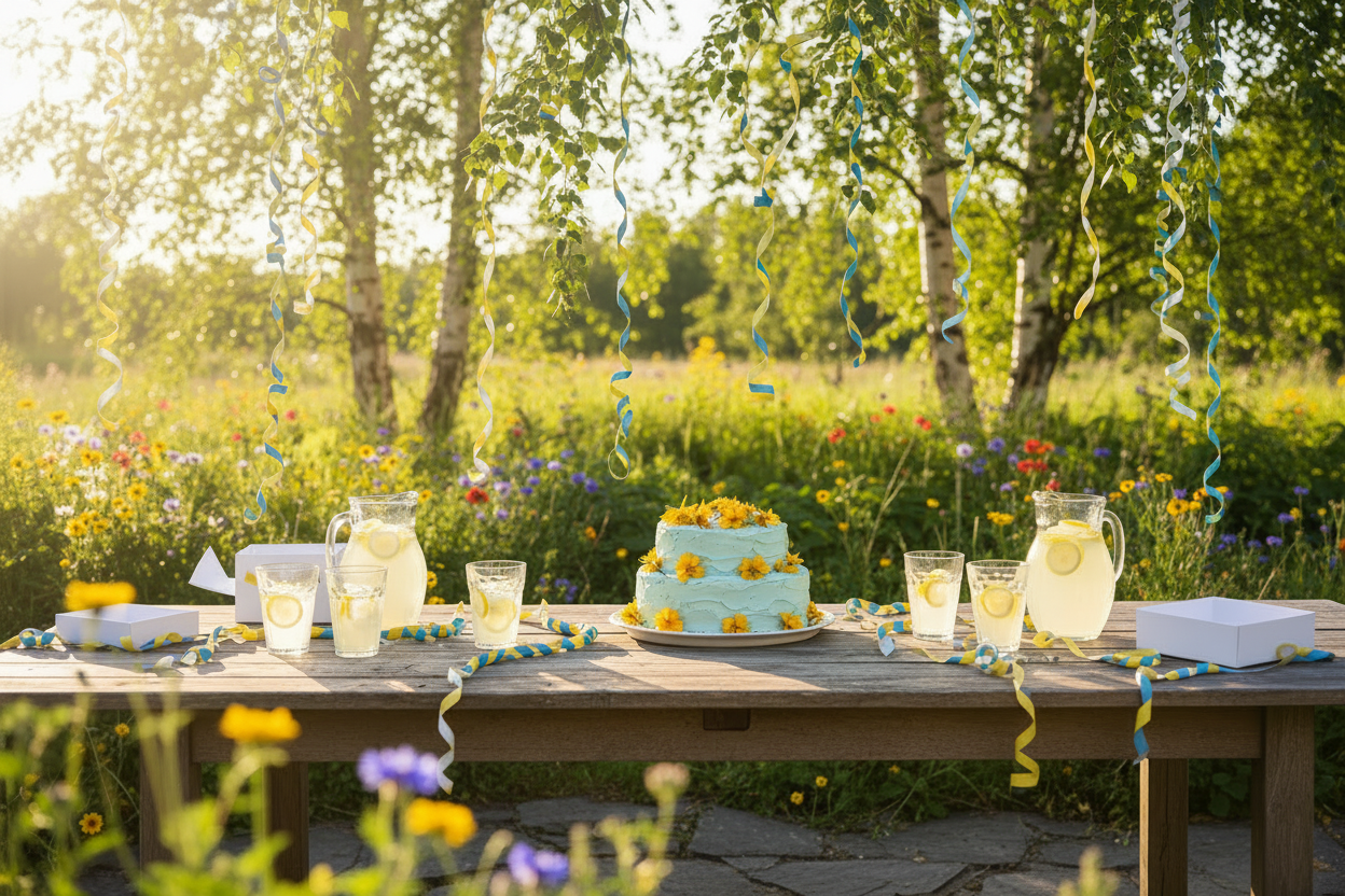 Skolavslutningsbanner med blomdekorerad tårta
